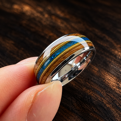 The Barrelnote - Whiskey Wood Opal and Guitar String Tungsten Ring