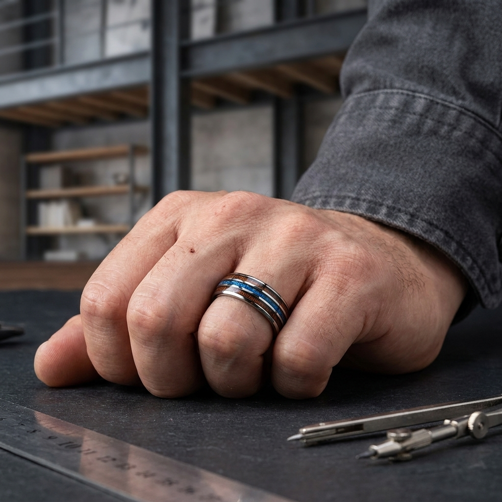 The Cosmicwood — Wood and Blue Meteorite Tungsten Ring