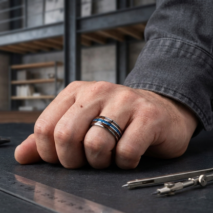 The Cosmicwood — Wood and Blue Meteorite Tungsten Ring