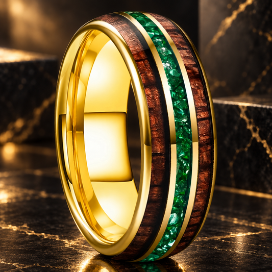 The Jade Koa - Koa Wood and Green Crystal Tungsten Ring