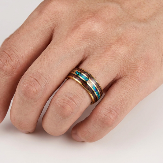 The Opal Ember - Koa Wood, Opal and Gold Foil Tungsten Ring