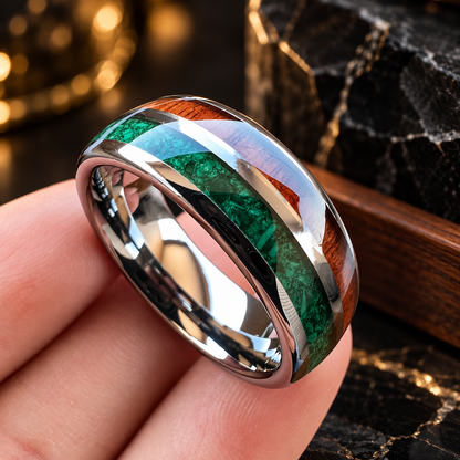 Tungsten Ring with Malachite and Wood inlay