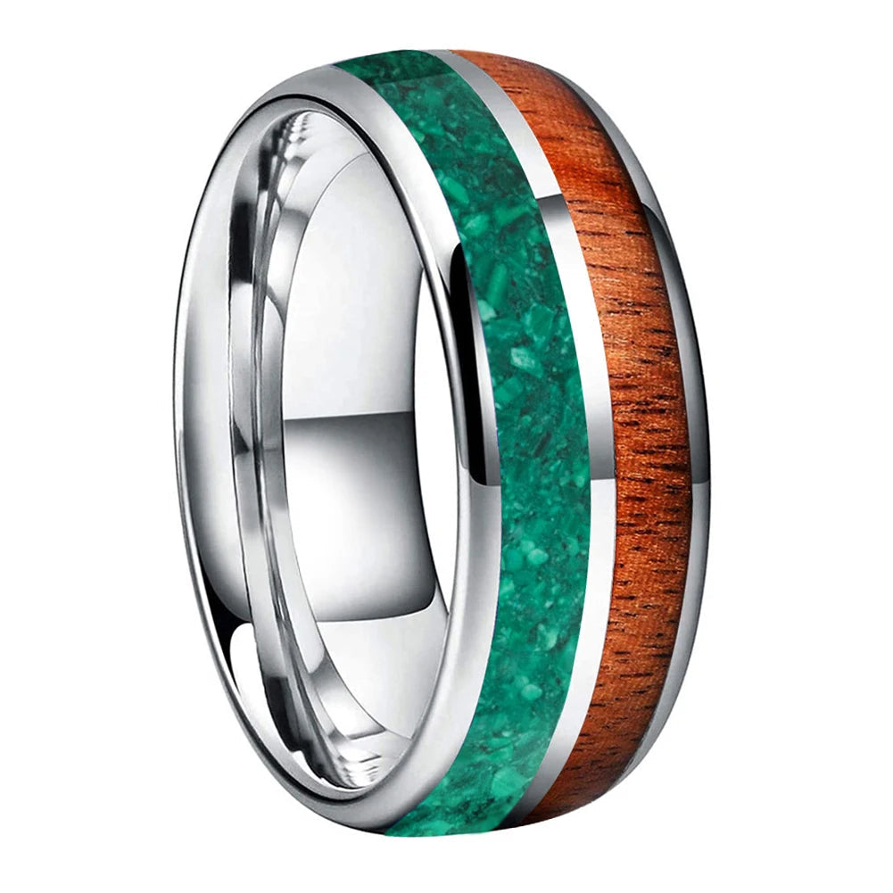 Tungsten Ring with Malachite and Wood inlay
