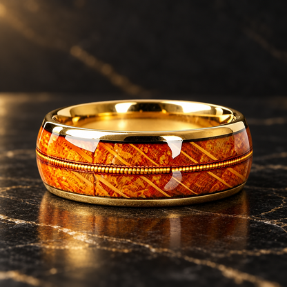 Tungsten Ring with Whiskey Barrel Wood and Gold Guitar String Inlay