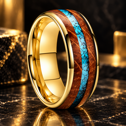 Tungsten Ring with Whiskey Barrel Wood and Turquoise Inlay