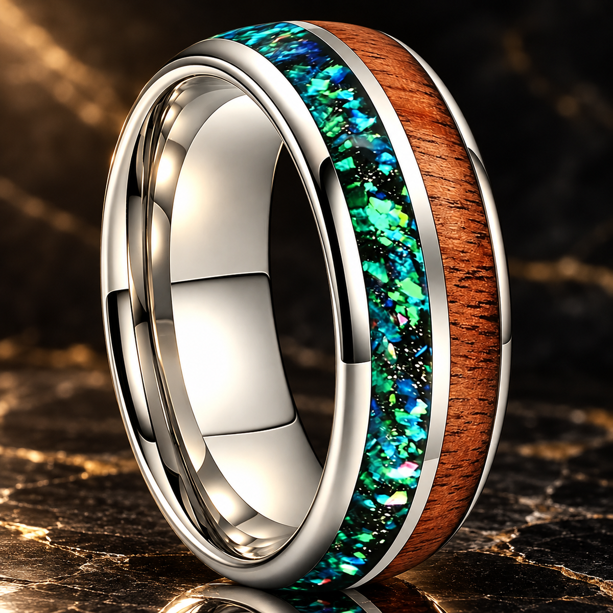 Green Opal Chip Wood Tungsten Ring