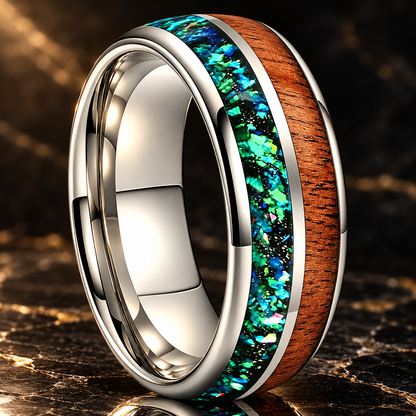 Green Opal Chip Wood Tungsten Ring