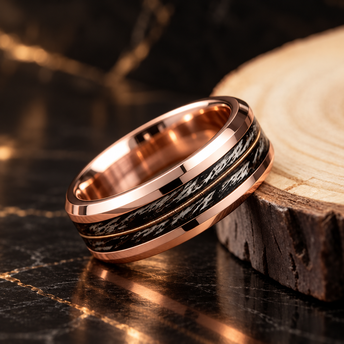 Tungsten Ring With Gray Oak Wood and Guitar String Inlay
