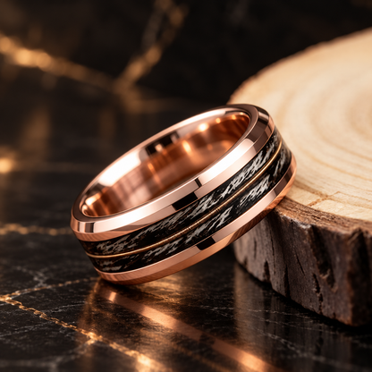 Tungsten Ring With Gray Oak Wood and Guitar String Inlay