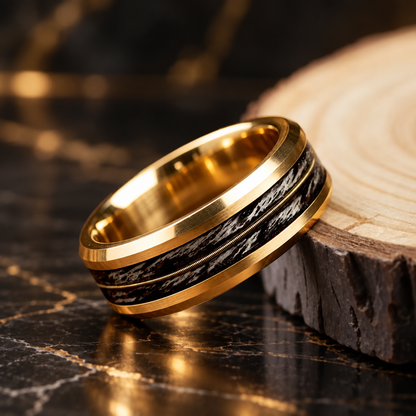 Tungsten Ring With Gray Oak Wood and Guitar String Inlay
