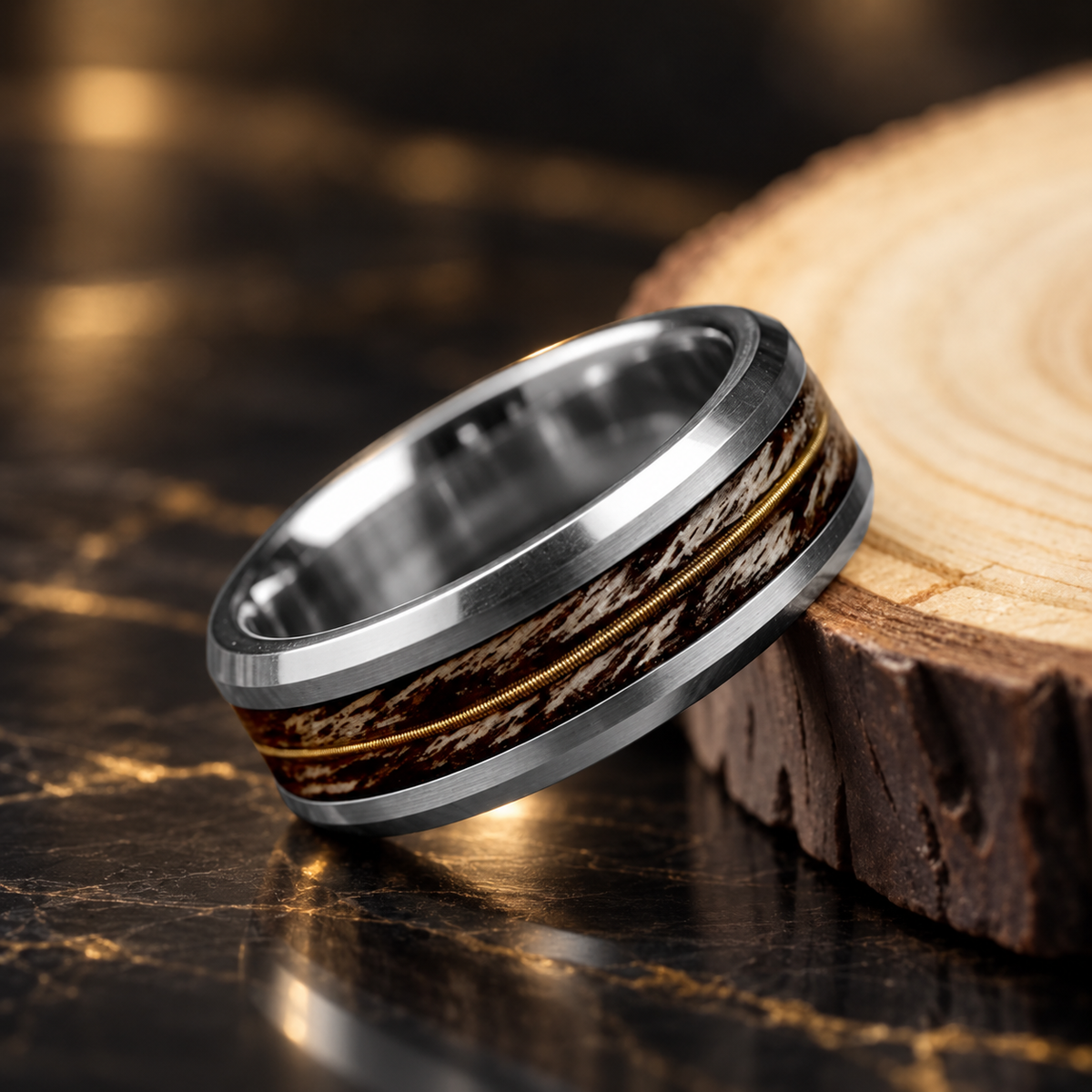 Tungsten Ring With Gray Oak Wood and Guitar String Inlay