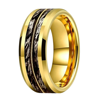 Tungsten Ring With Gray Oak Wood and Guitar String Inlay