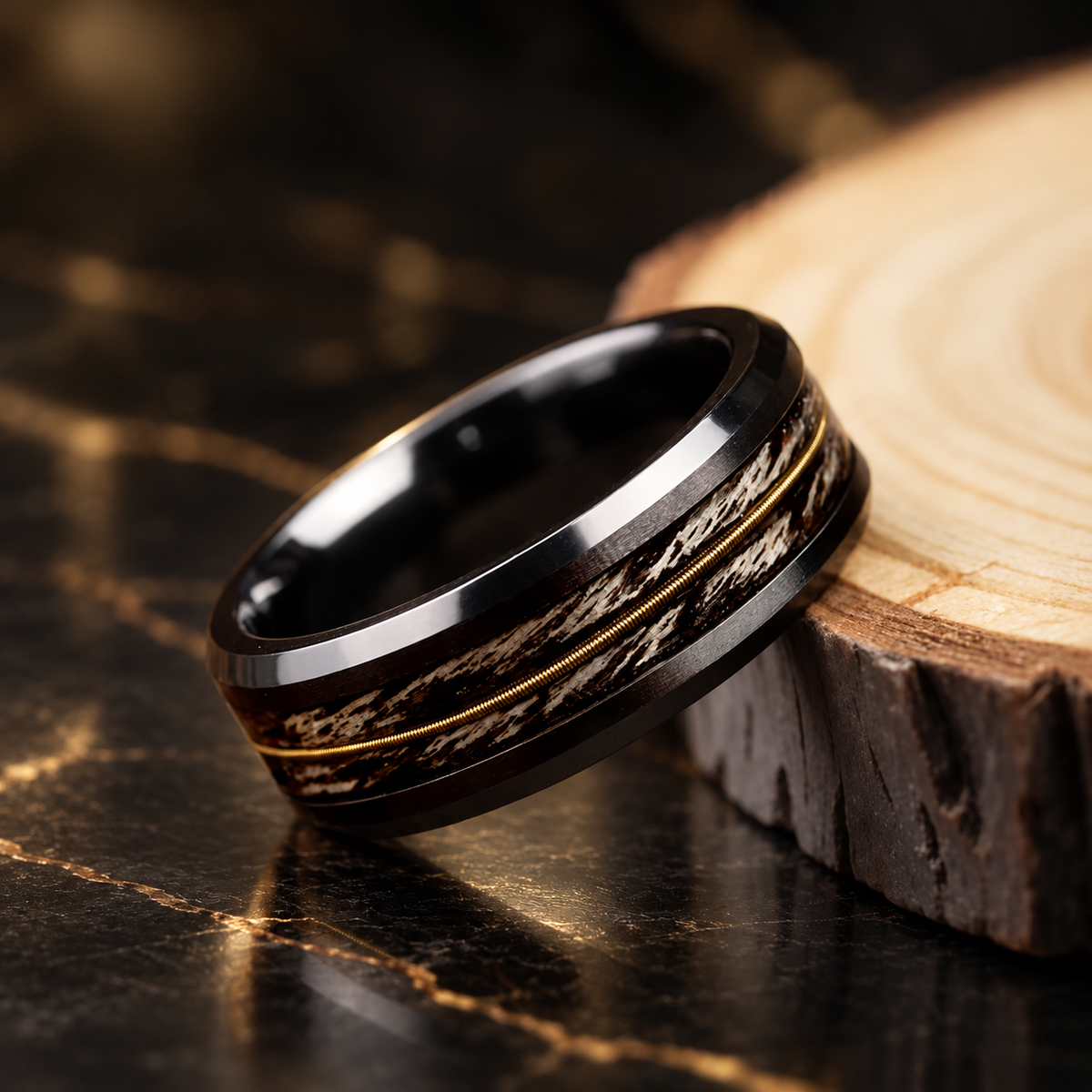 Tungsten Ring With Gray Oak Wood and Guitar String Inlay