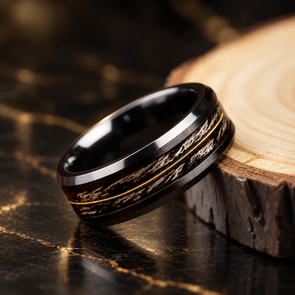Tungsten Ring With Gray Oak Wood and Guitar String Inlay