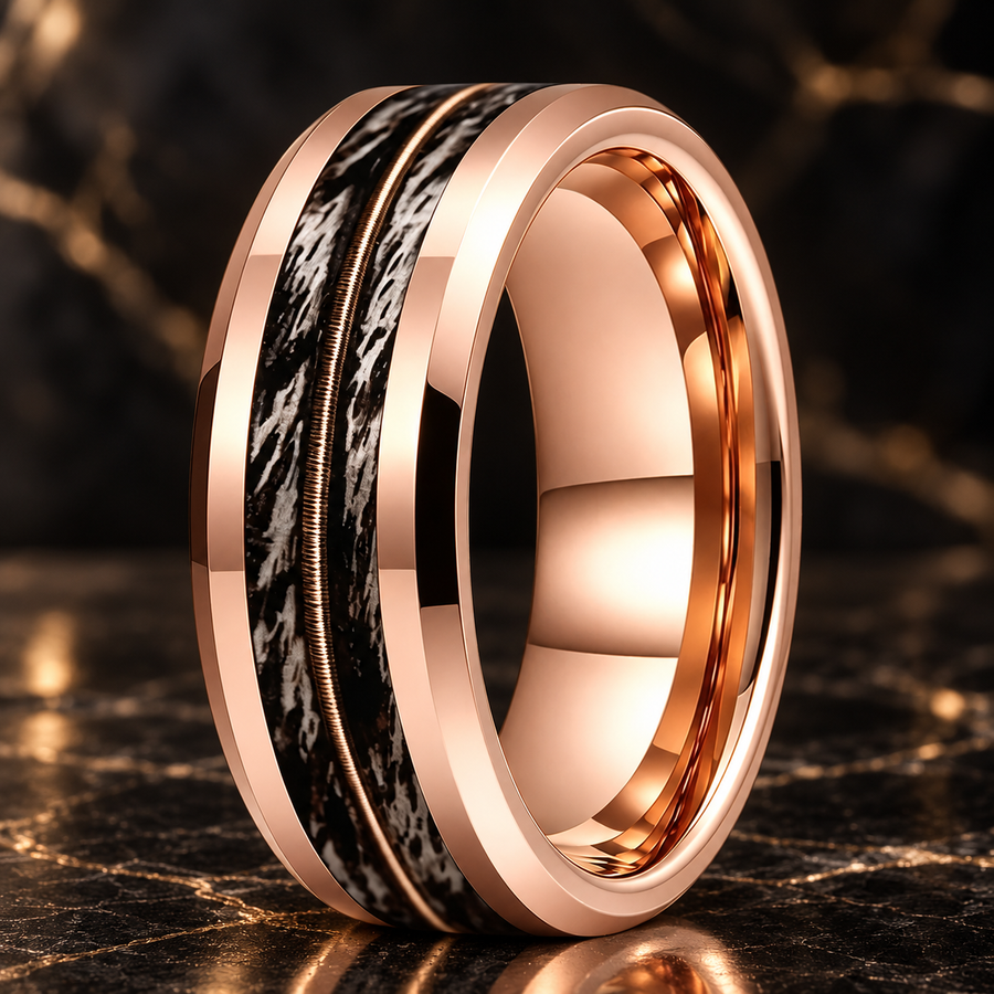 Tungsten Ring With Gray Oak Wood and Guitar String Inlay - The Ashnote