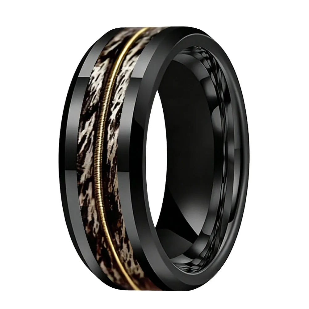 Tungsten Ring With Gray Oak Wood and Guitar String Inlay