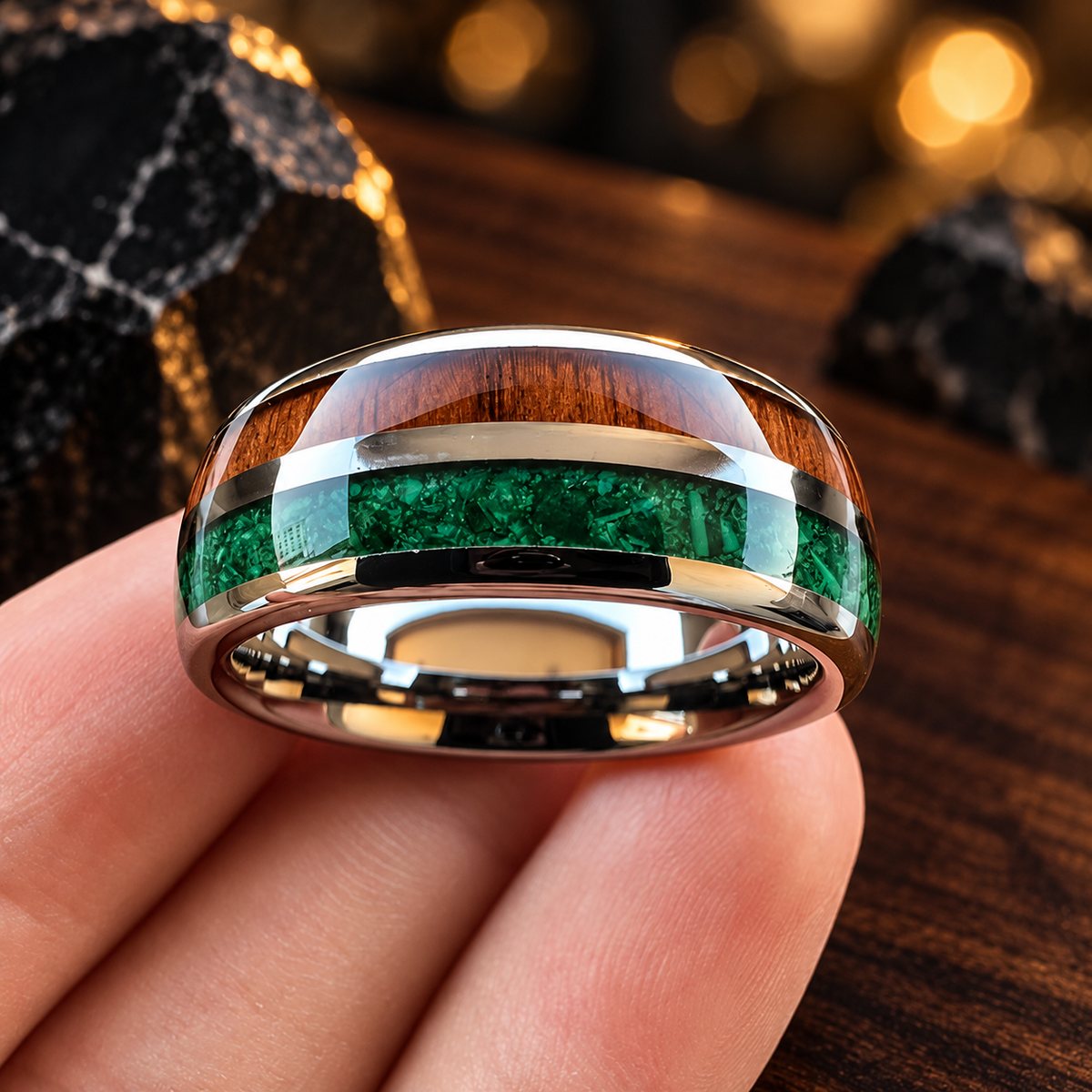 Tungsten Ring with Malachite and Wood inlay