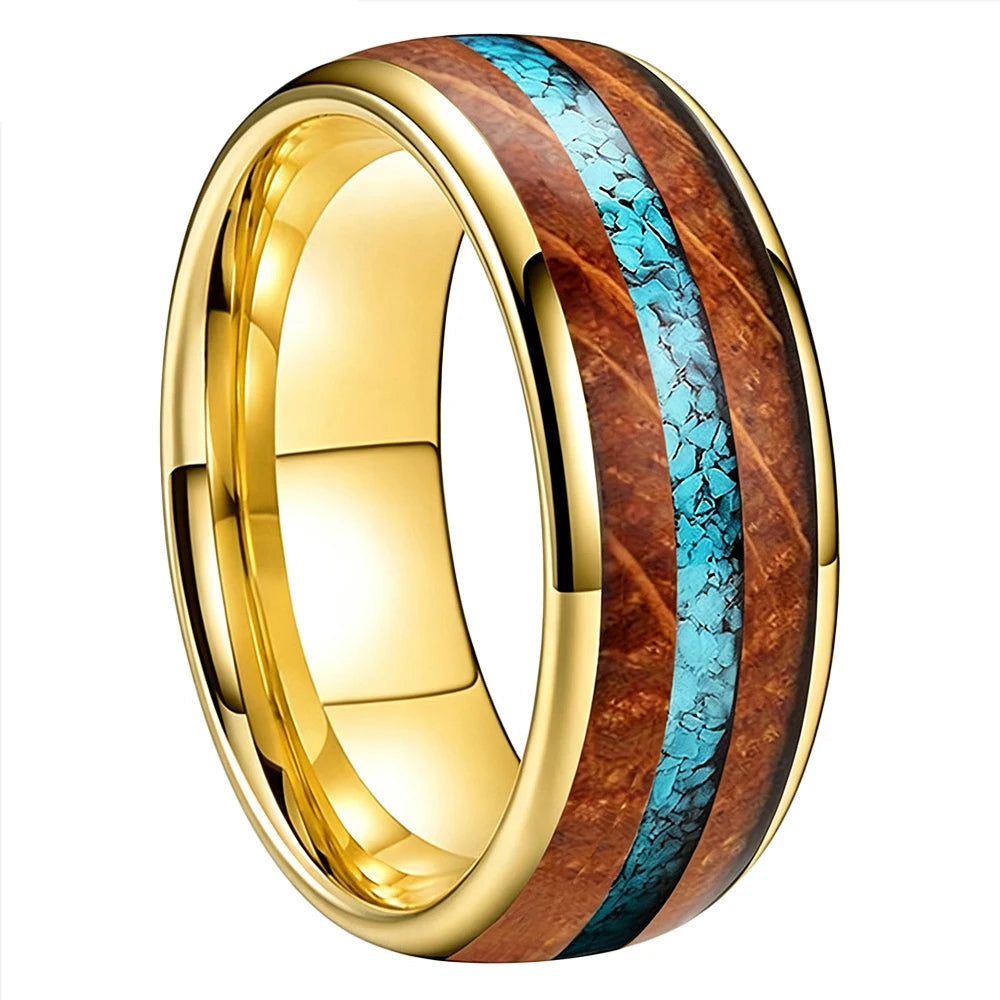 Tungsten Ring with Whiskey Barrel Wood and Turquoise Inlay