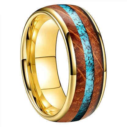 Tungsten Ring with Whiskey Barrel Wood and Turquoise Inlay