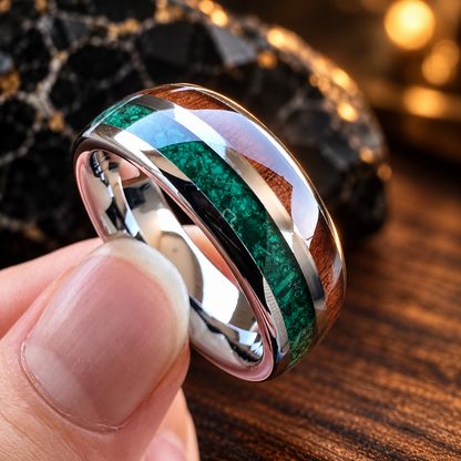 Tungsten Ring with Malachite and Wood inlay
