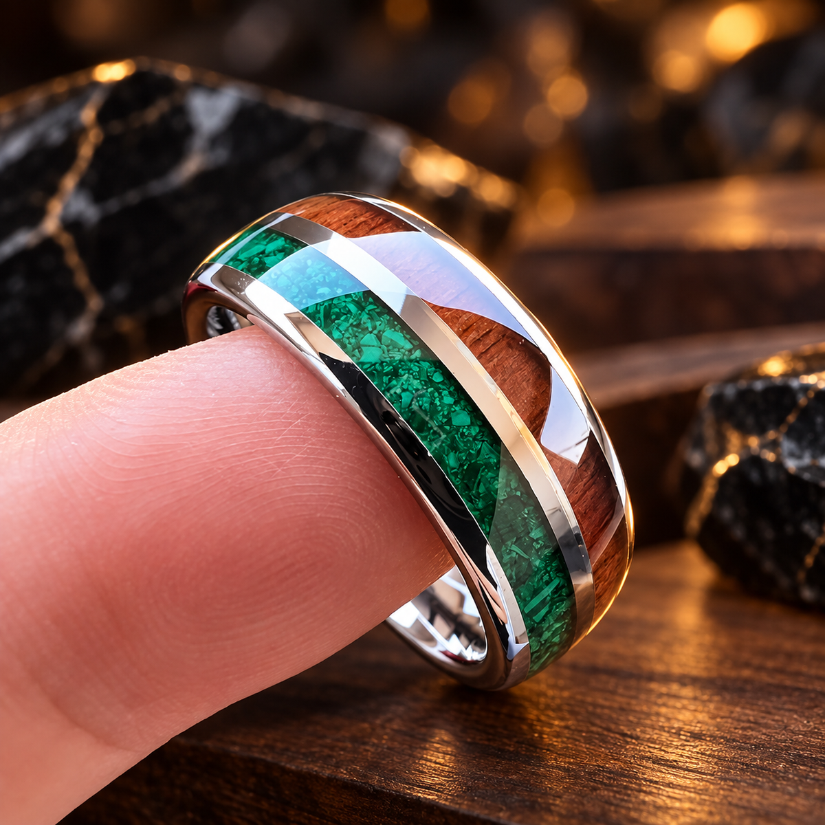 Tungsten Ring with Malachite and Wood inlay