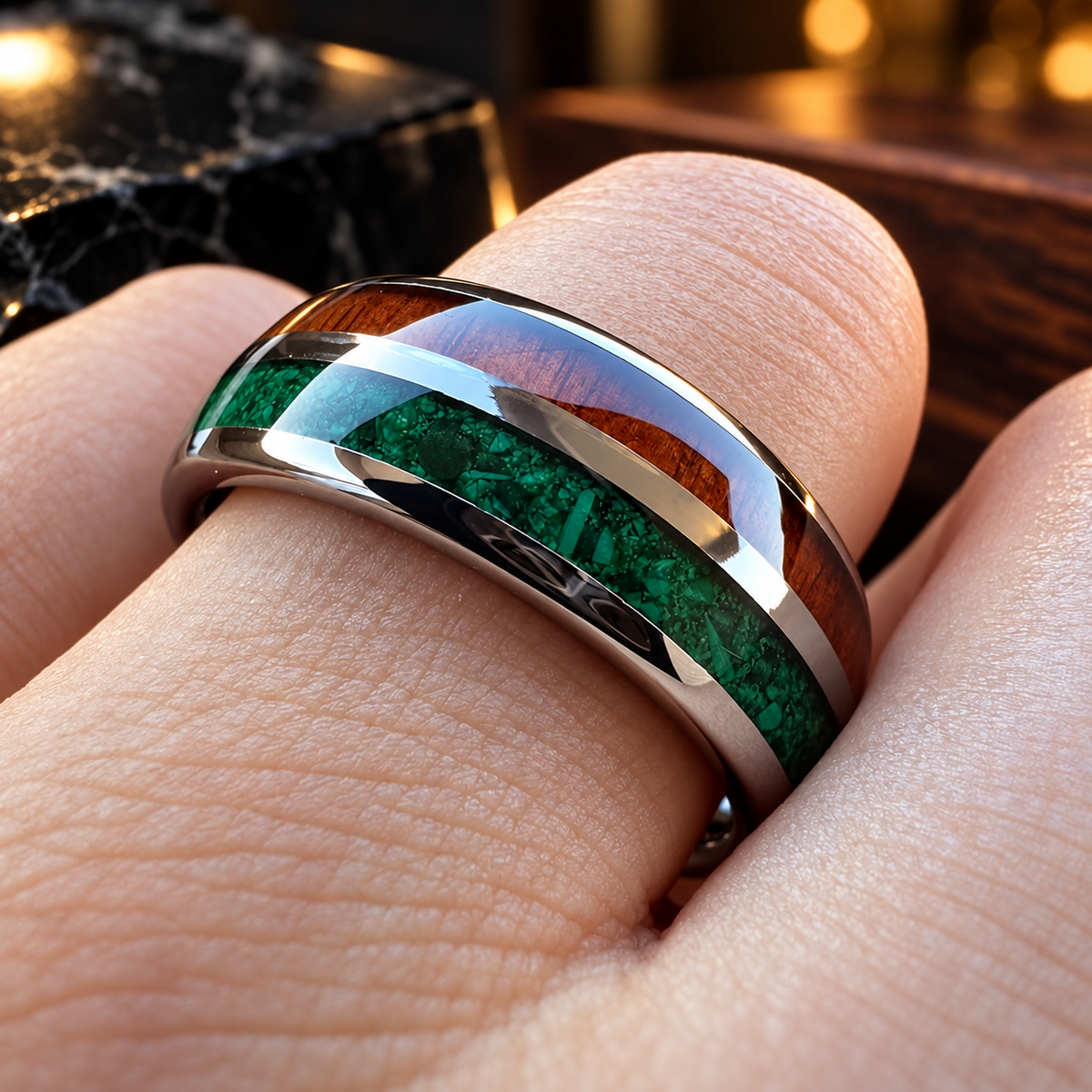 Tungsten Ring with Malachite and Wood inlay
