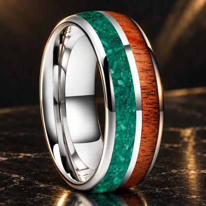Tungsten Ring with Malachite and Wood inlay