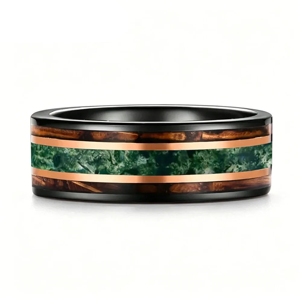 Tungsten Ring with Moss Agate, Whiskey Barrel Wood and Rose Gold Stripes