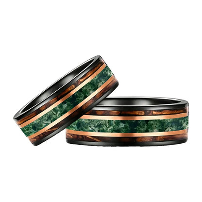 Tungsten Ring with Moss Agate, Whiskey Barrel Wood and Rose Gold Stripes