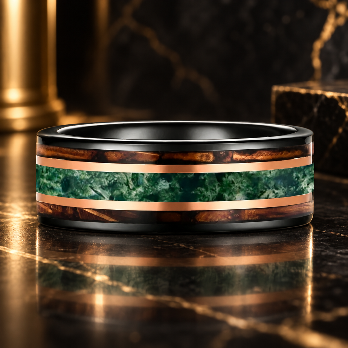 Tungsten Ring with Moss Agate, Whiskey Barrel Wood and Rose Gold Stripes
