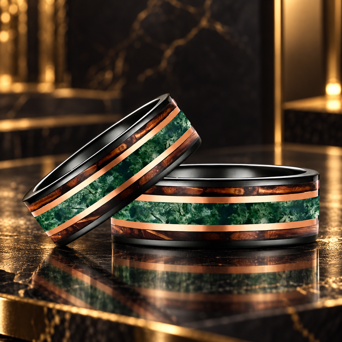 Tungsten Ring with Moss Agate, Whiskey Barrel Wood and Rose Gold Stripes