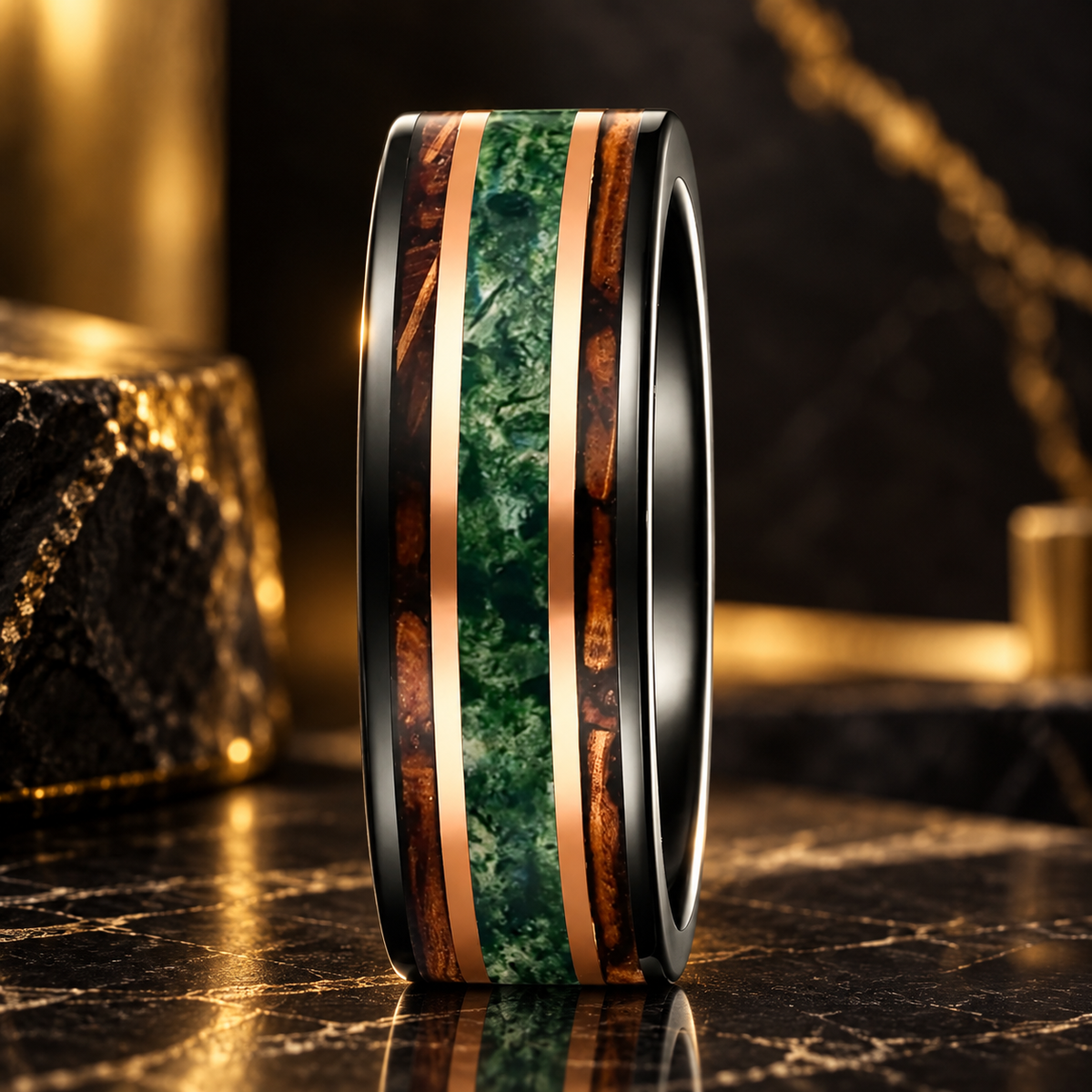Tungsten Ring with Moss Agate, Whiskey Barrel Wood and Rose Gold Stripes