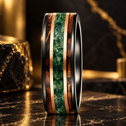 Tungsten Ring with Moss Agate, Whiskey Barrel Wood and Rose Gold Stripes