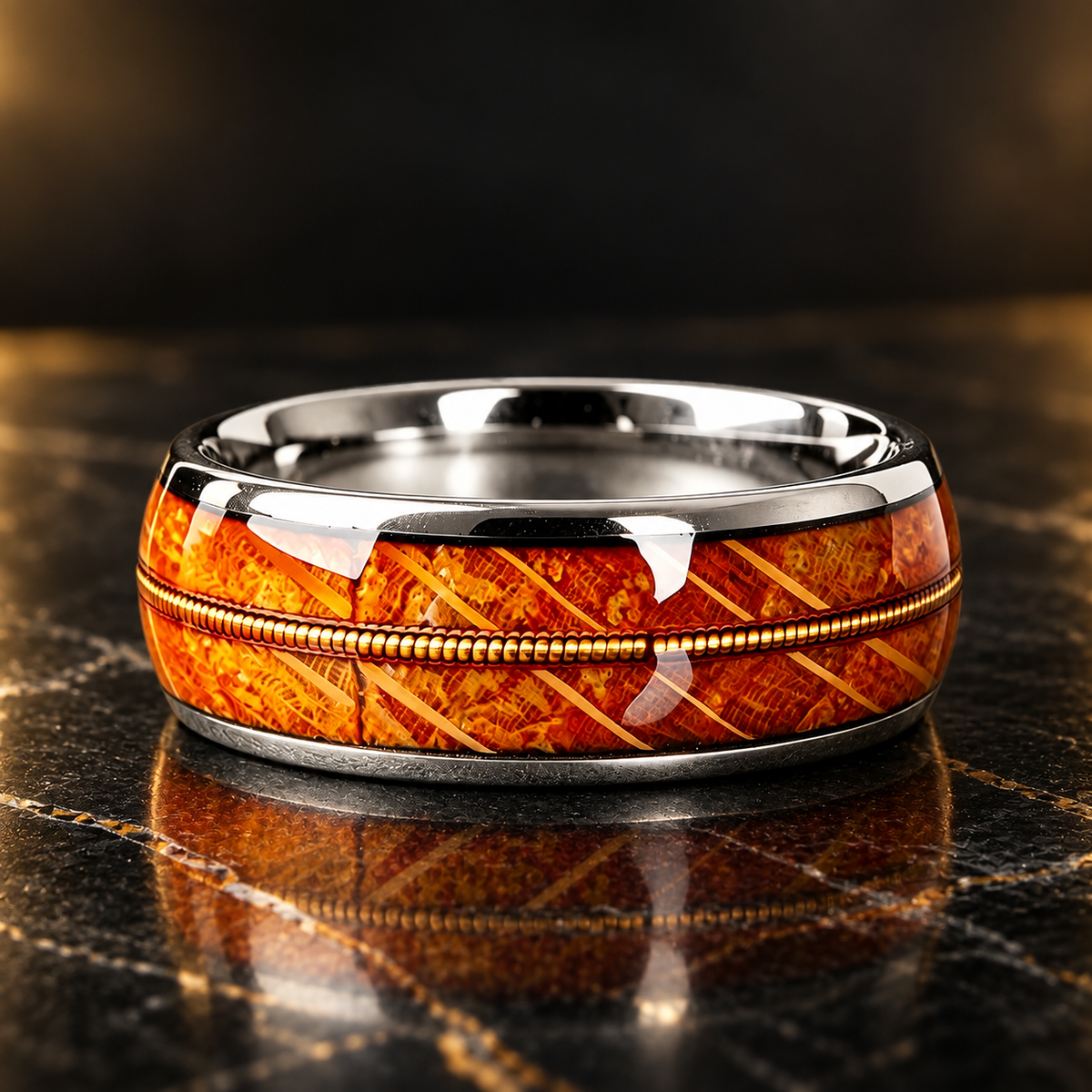 Tungsten Ring with Whiskey Barrel Wood and Gold Guitar String Inlay