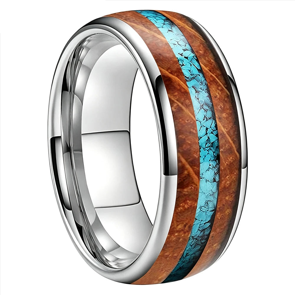 Tungsten Ring with Whiskey Barrel Wood and Turquoise Inlay