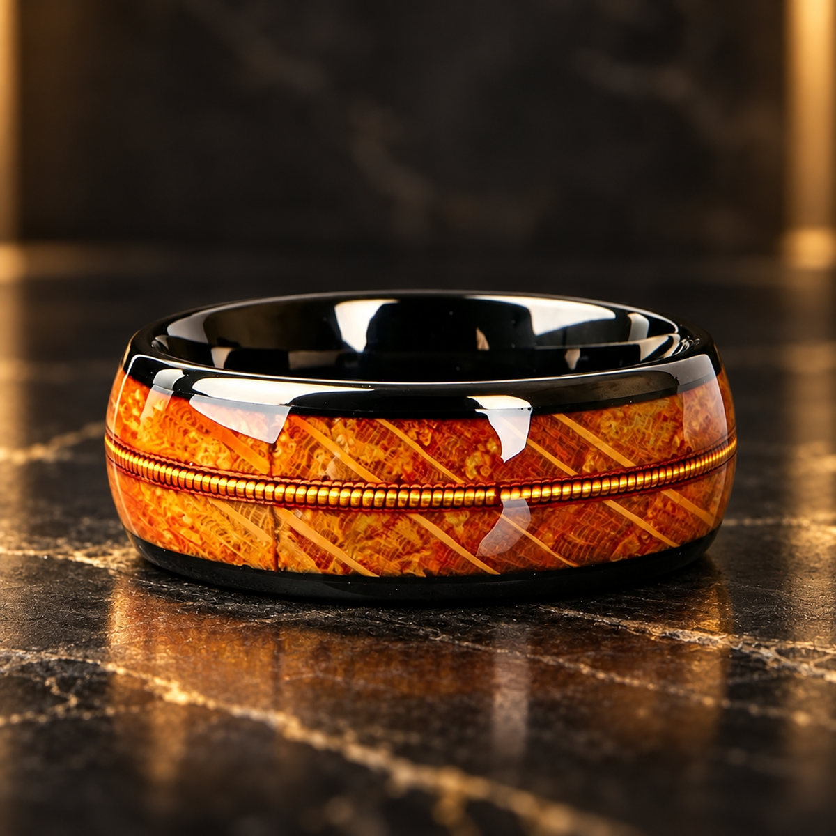 Tungsten Ring with Whiskey Barrel Wood and Gold Guitar String Inlay