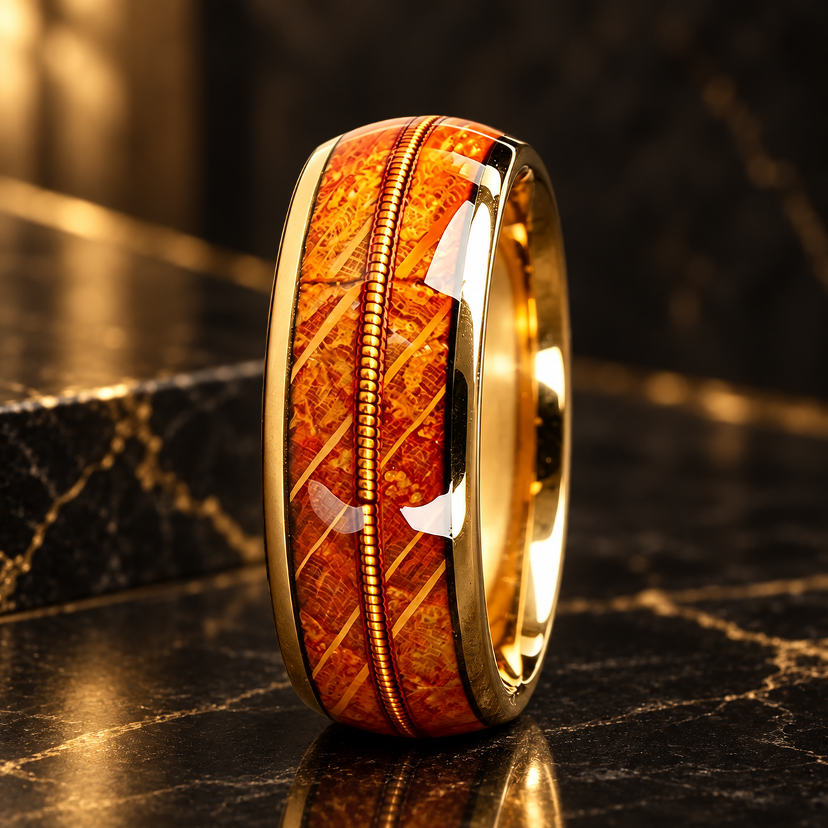 Tungsten Ring with Whiskey Barrel Wood and Gold Guitar String Inlay