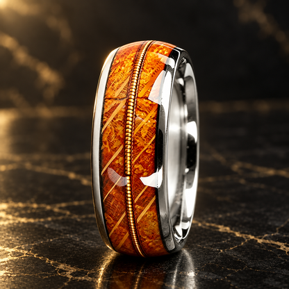 Tungsten Ring with Whiskey Barrel Wood & Gold Guitar String Inlay