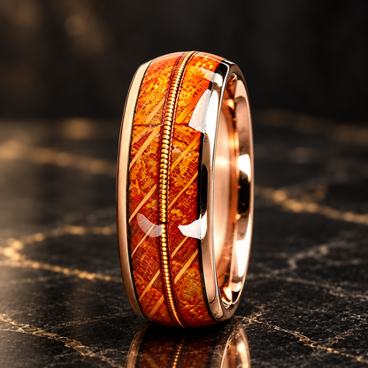 Tungsten Ring with Whiskey Barrel Wood & Gold Guitar String Inlay