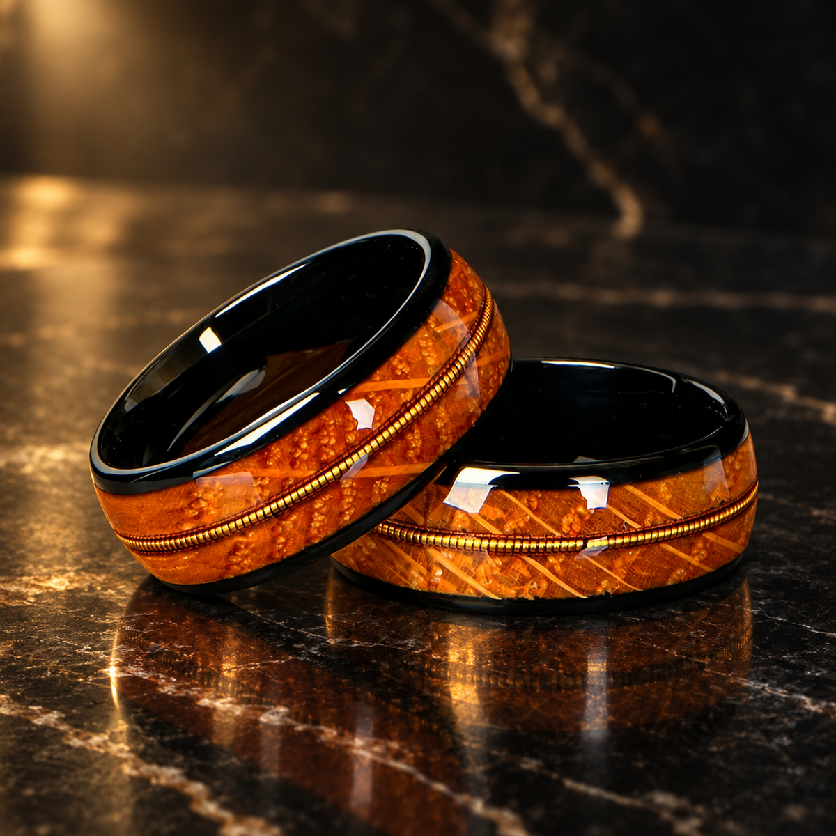 Tungsten Ring with Whiskey Barrel Wood and Gold Guitar String Inlay