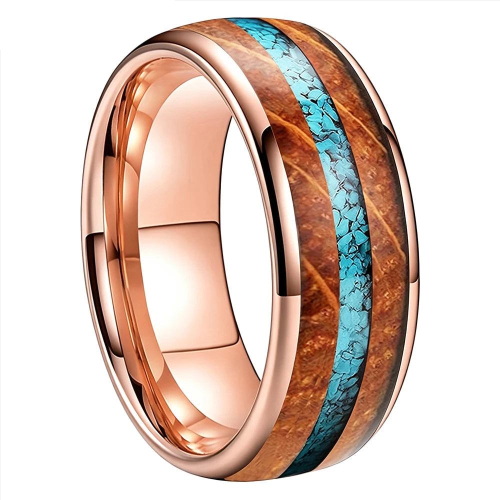 Tungsten Ring with Whiskey Barrel Wood and Turquoise Inlay