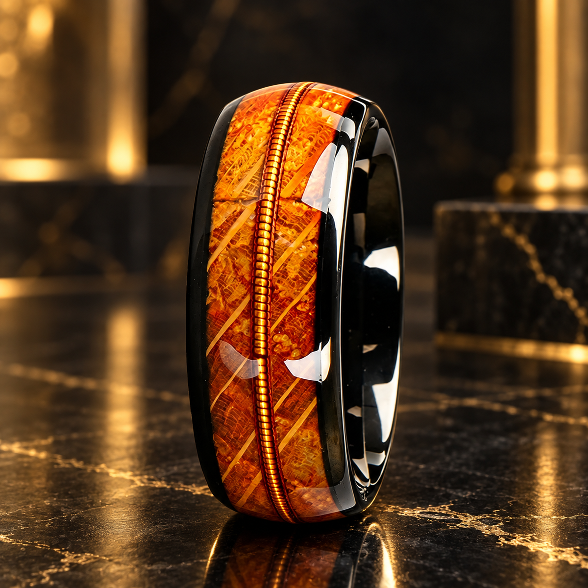Tungsten Ring with Whiskey Barrel Wood and Gold Guitar String Inlay