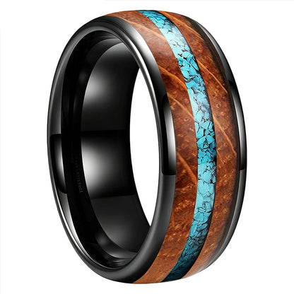 Tungsten Ring with Whiskey Barrel Wood and Turquoise Inlay