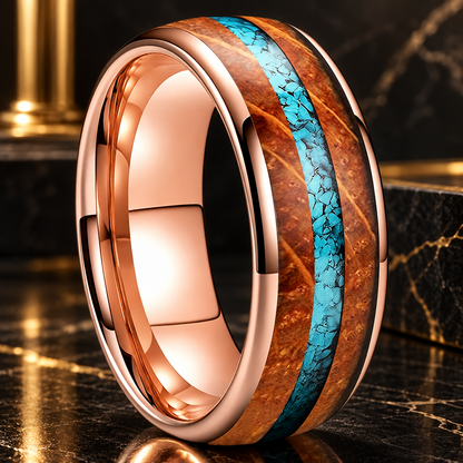 Tungsten Ring with Whiskey Barrel Wood and Turquoise Inlay