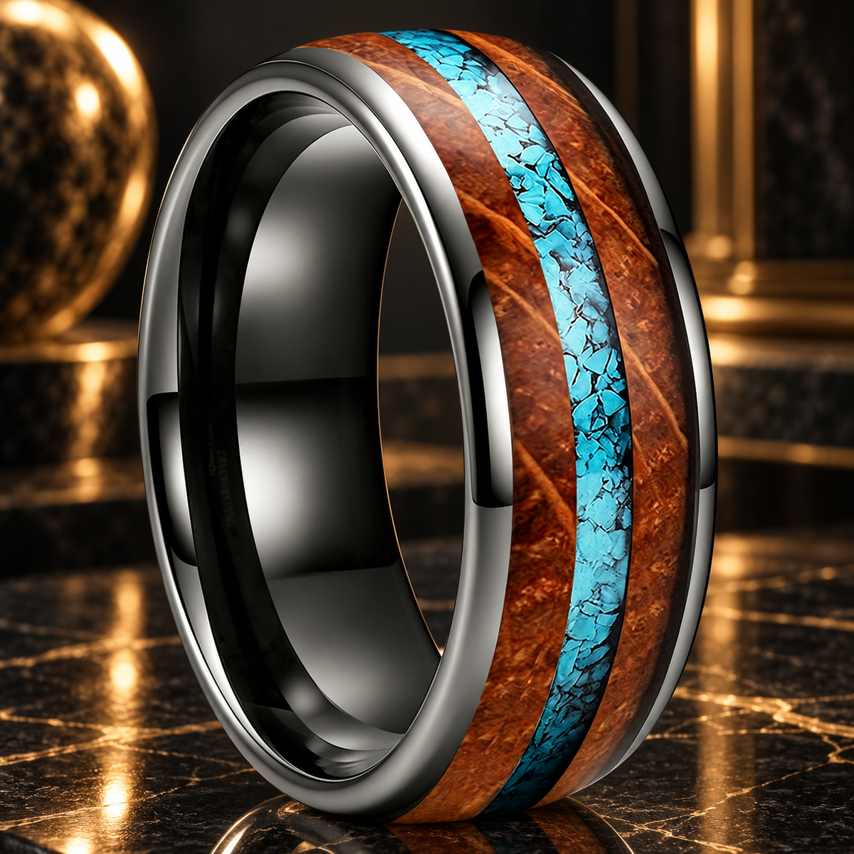 Tungsten Ring with Whiskey Barrel Wood and Turquoise Inlay
