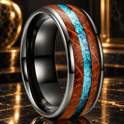 Tungsten Ring with Whiskey Barrel Wood and Turquoise Inlay