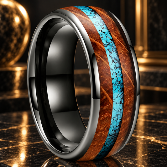 Tungsten Ring with Whiskey Barrel Wood and Turquoise Inlay
