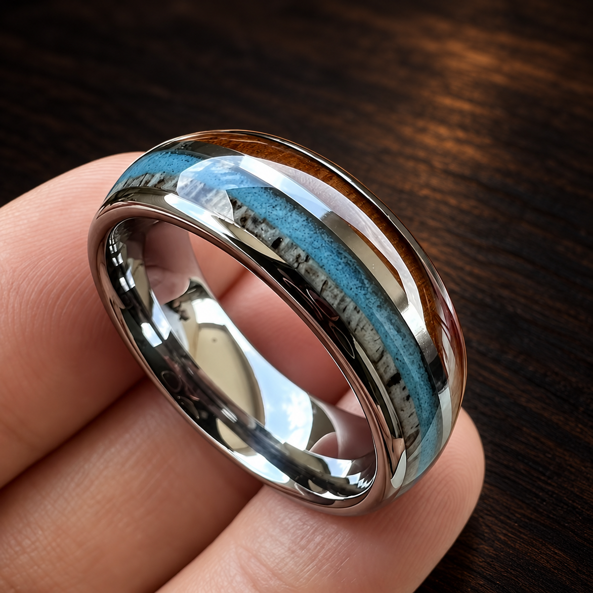 The Hornstone - Deer Antler Turquoise and Koa Tungsten Ring