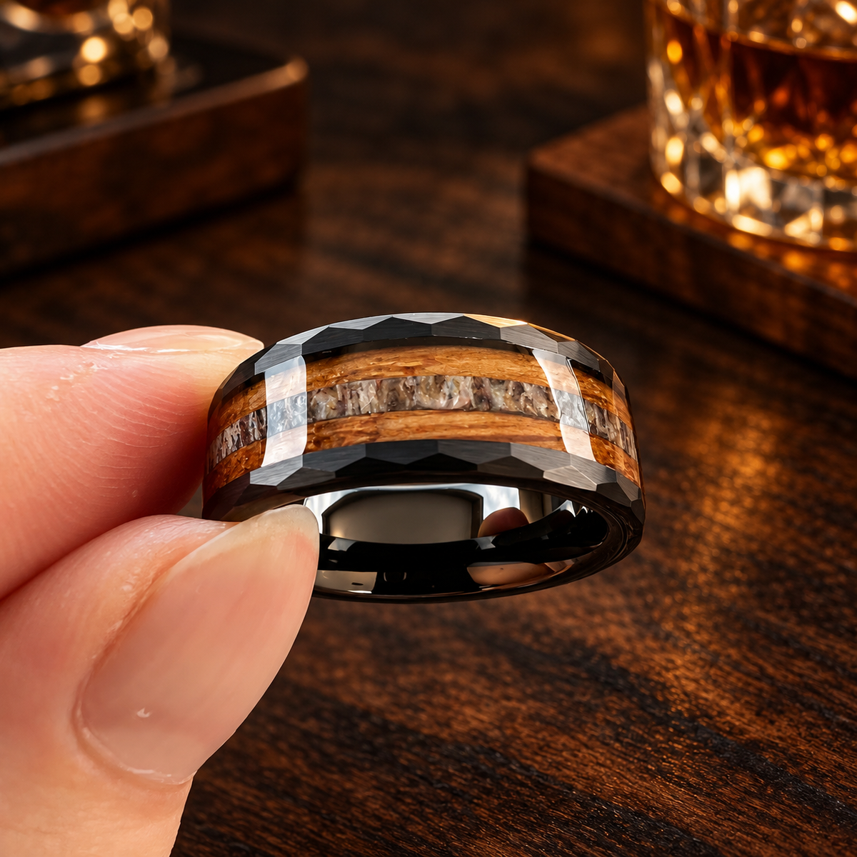 Hammered Tungsten Ring with Whiskey Wood and Antler Inlay