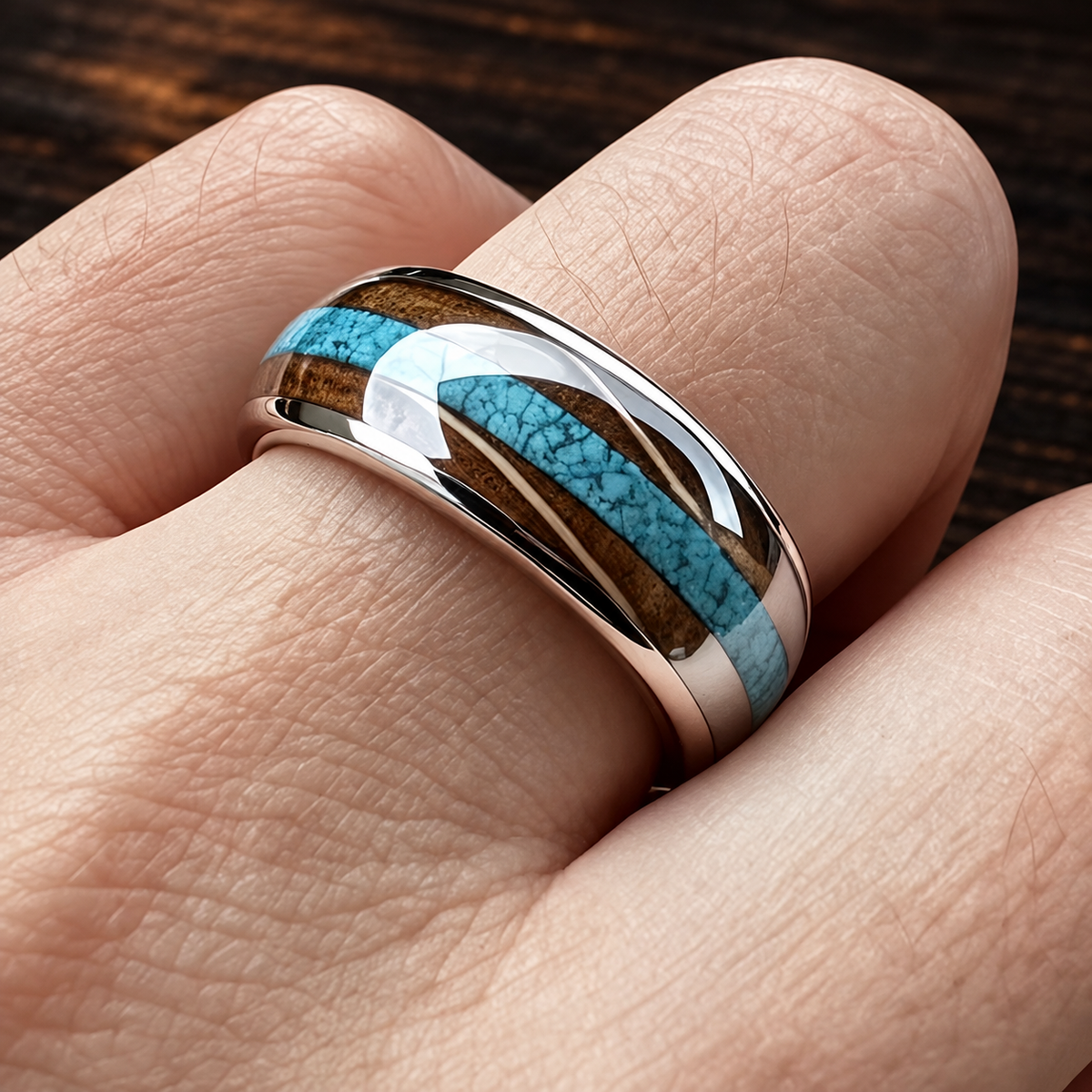 The Mesquite — Tungsten Ring with Whiskey Barrel Wood & Turquoise Inlay